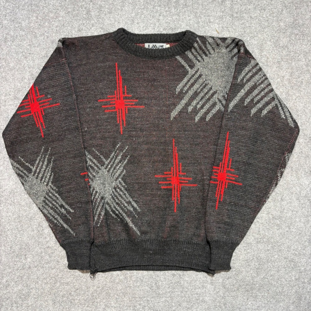 Vintage Lavane New York Mens Large Charcoal Grey Red Geometric Starburst Sweater